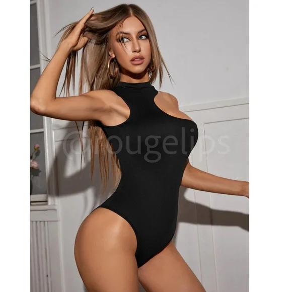 Black Bodysuit Mock Neck Cut Out Sleeveless - Picture 3 of 6